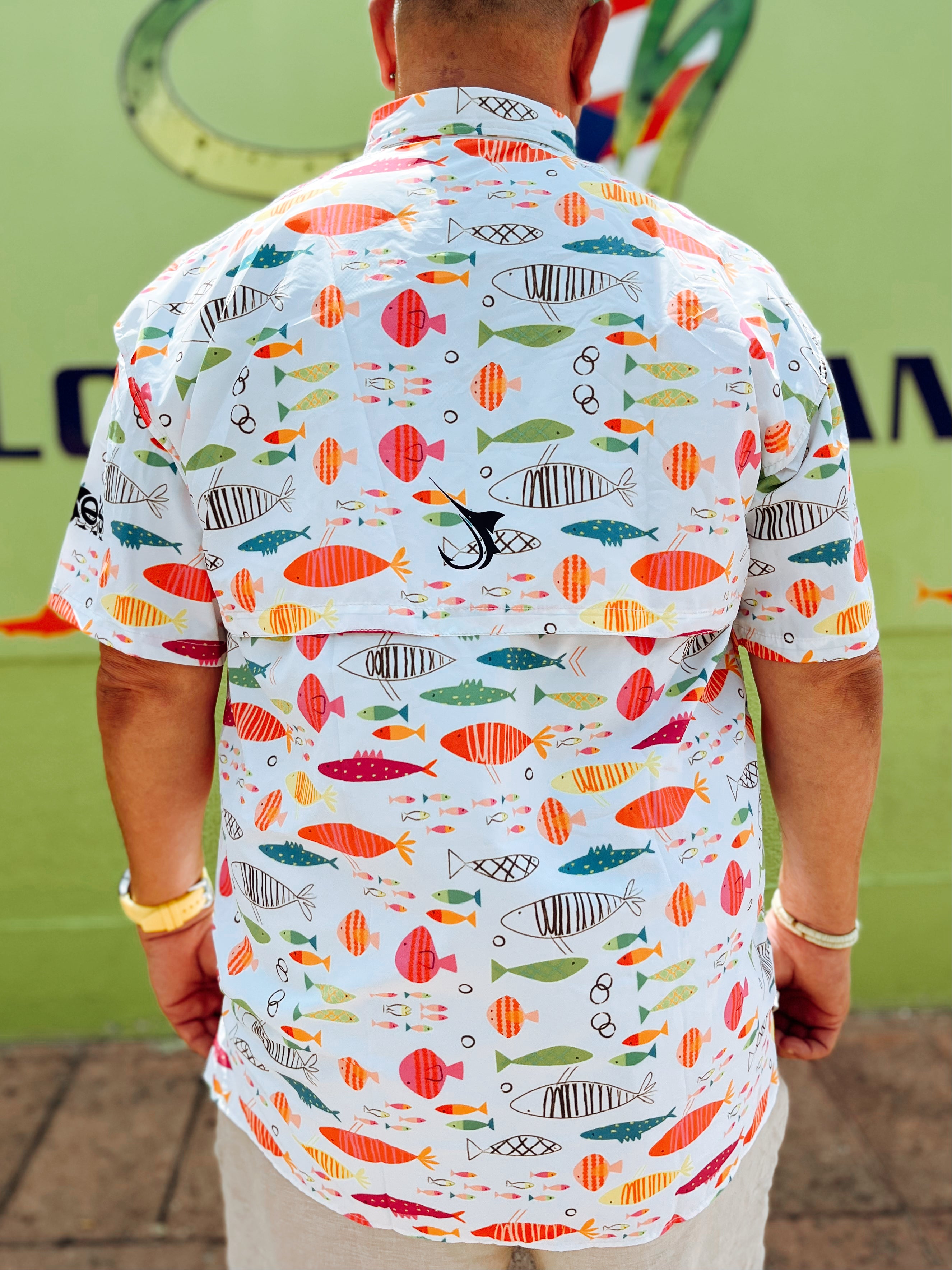 Colorful Fishes White Fishing Button Shirt